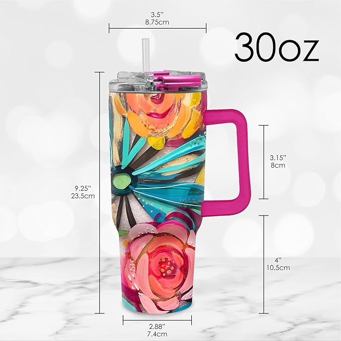 RainCaper 18/8 Stainless Steel Insulated Water Tumbler with Straw | 30oz, BPA-Free, Double Wall for Hot & Cold | Travel-Friendly, Cup Holder Ready (EttaVee Flowers On Glass)
