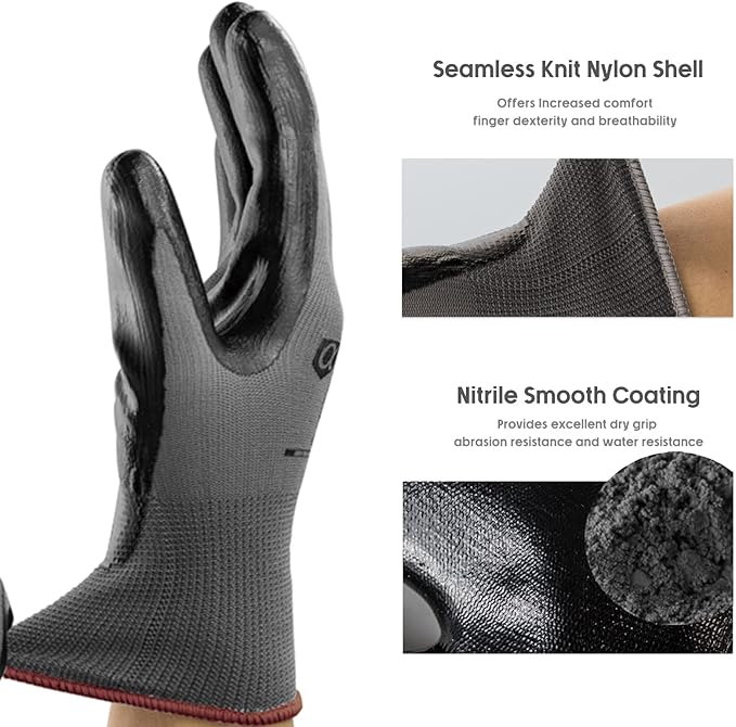 ANDANDA Smart Touch Work Gloves - 12 Pairs, 3D Comfort Stretch Fit, Nitrile Coated with Grip, Seamless Knit Nylon, Suitable for Warehousing, Black (XXL)