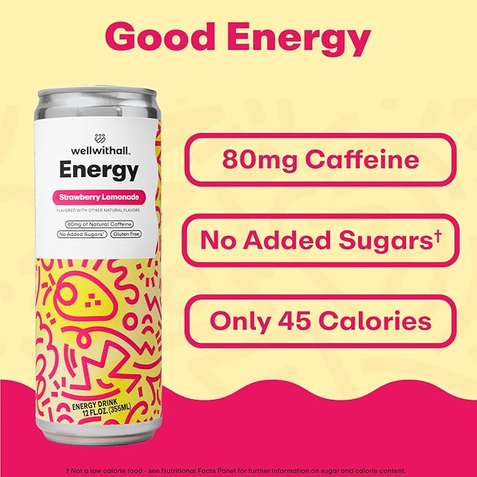 WellWithAll Energy Drink - Natural Caffeine from Tea - Healthy Energy Drink - Lightly Sparkling - Blend of Fruit and Veggie Juices - 12 Oz (Pack of 12) (12 Fl Oz (Pack of 12), Strawberry Lemonade)