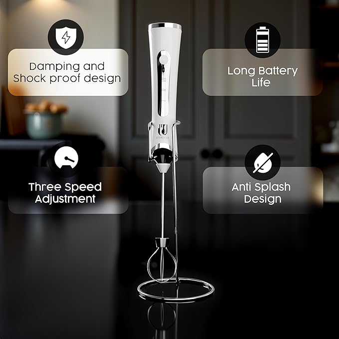 Rechargeable Handheld Milk Frother - Electric Foam Maker - Portable Coffee Frother Wand with 2 Heads - Stainless Steel Electric Whisk for Coffee, Latte, Cappuccino, Macchiato, Hot Chocolate (White)