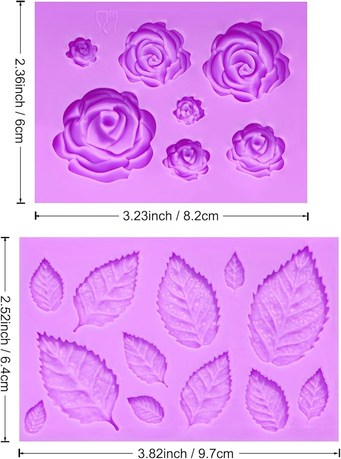 Rose Flower Fondant Molds, Flower and Leaves Silicone Molds, Cake Decoration Chocolate Molds for Cupcake Topper Candy Cookie Clay Crafting Projects Set Of 2