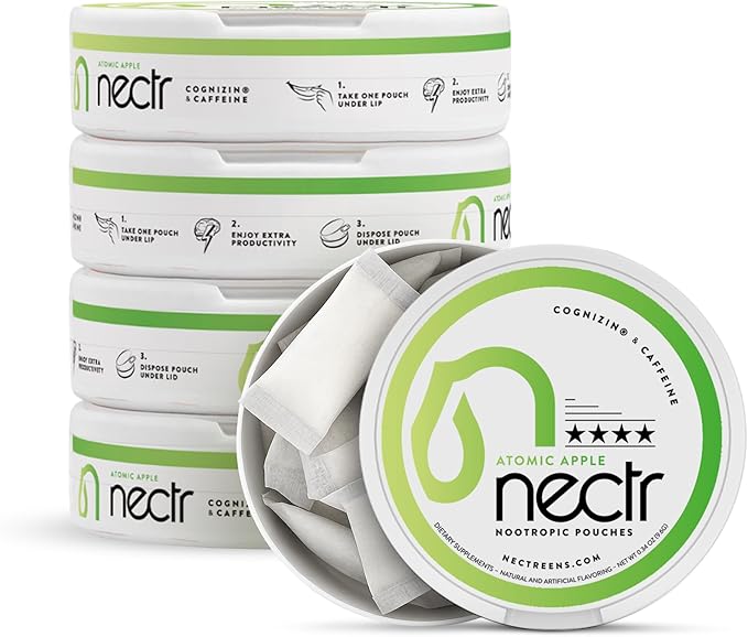 Nectr Energy Nootropic Pouches – Atomic Apple Flavored, Caffeine Pouches with Cognizin® Citicoline. Sugar-Free Brain Treats. Smooth, Sustained Focus & Energy Supplement - 5 Pucks of 16pcs