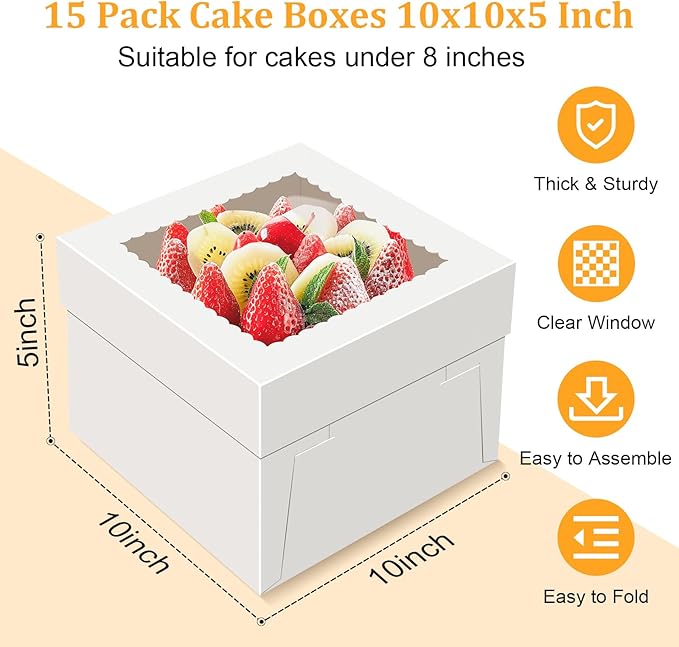 15 PCS Cake Boxes 10 Inch, 10x10x5 Inch Cake Box, 10 Inch Cake Box with Window, White Bakery Boxes, Large Baking Boxes, Cajas Para Pasteles, 10x10 Cake Boxes for Birthday, Wedding, Party, Business