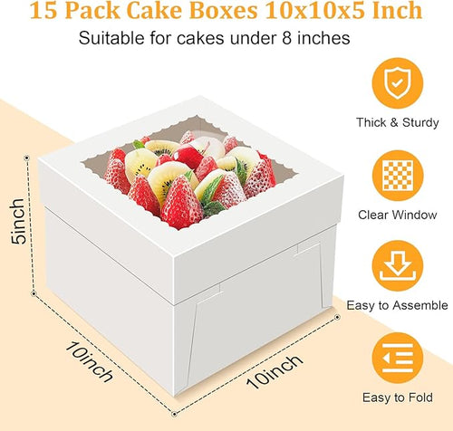 15 PCS Cake Boxes 10 Inch, 10x10x5 Inch Cake Box, 10 Inch Cake Box with Window, White Bakery Boxes, Large Baking Boxes, Cajas Para Pasteles, 10x10 Cake Boxes for Birthday, Wedding, Party, Business