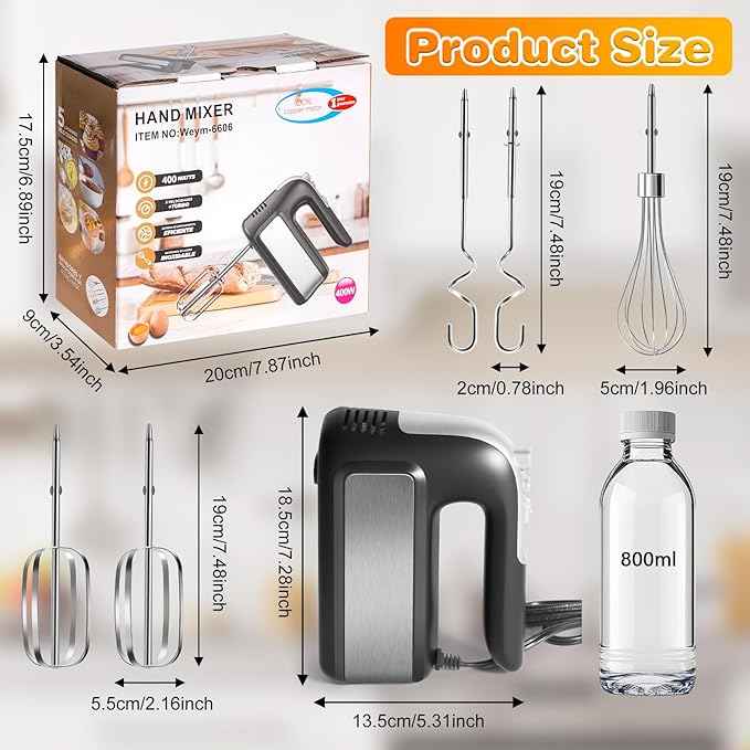 5-Speed 400W Hand Mixer Electric Handheld - Ultra-Powerful Handheld Mixer with Turbo Function & Eject Button, 5 Stainless Steel Attachments for Dough, Cream, Batter, Eggs & Baking