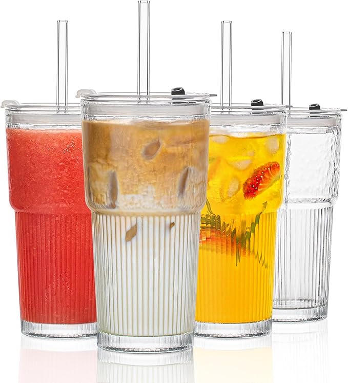 INSETLAN 530ml Glass Cups with Straws & Straw Cleaner, Set of 4, Clear Ribbed Drinking Glasses with Plastic Lids for Water, Juice, Iced Coffee & Smoothies, Dishwasher Safe