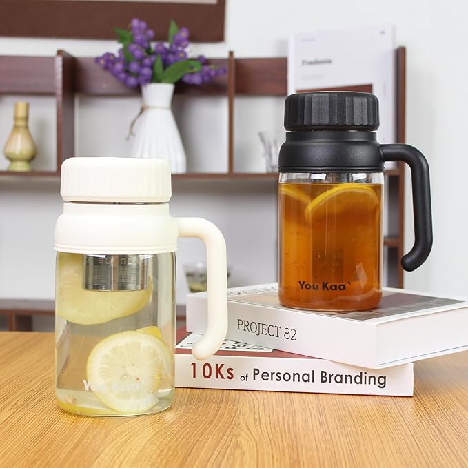 32oz Glass Water Bottle, Tea Bottle with Infuser & Handle, BPA-Free Leakproof Wide Mouth Large Tea Infuser Bottle for Hot or Cold Drinks, Loose Tea, Fruit (Black)
