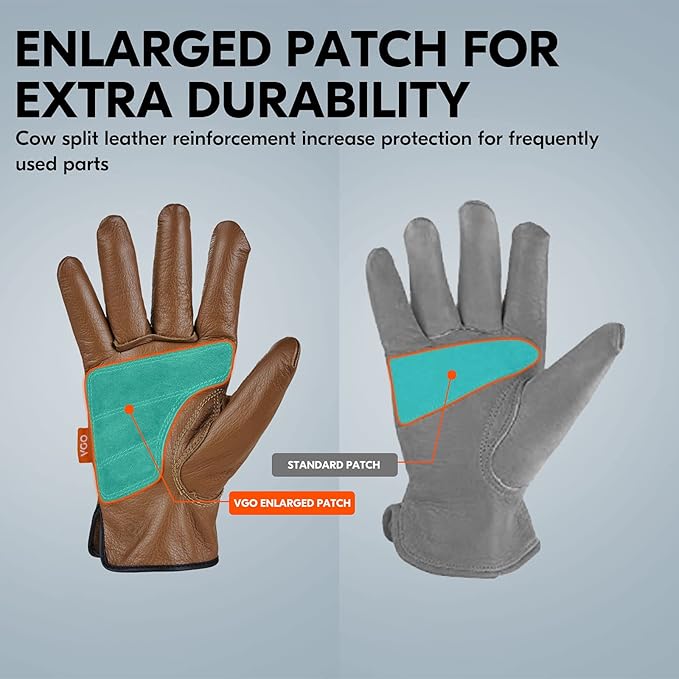 Vgo... 1-Pair Unlined Safety Cow Grain Leather Work Gloves Men, Rigger Gloves, Builder Gloves, Water Resistant, Palm Patched (Size S, Brown, CA9597WP)