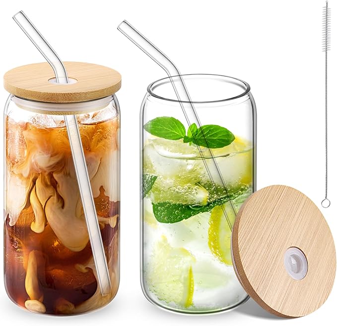 Glass Cups with Lid and Straw, 16oz Beer Glasses Glass Coffee Cups, Iced Coffee Cups with Lid, Glass Tumbler with Straw and Lid (2 PACK)