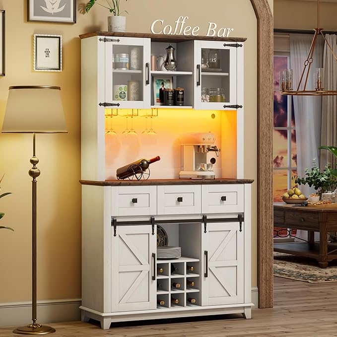 72" Coffee Bar Wine Cabinet with Sliding Barn Door & LED Lights, Sideboard Buffet Cabinet with Wine Bottle Rack, 3 Drawers, Storage Cabinet for Kitchen, Dining Room, White
