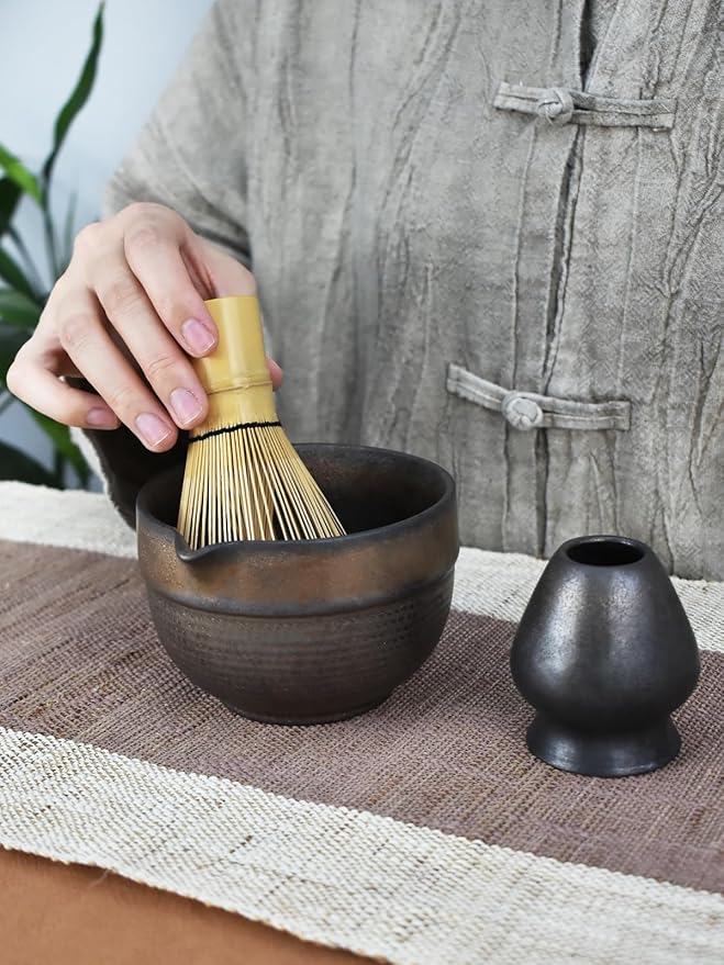 Artcome Luxury Matcha Tea Set – 4-Piece Japanese Matcha Kit with Black Rustic Glazed Bowl & Spout, Bamboo Whisk, Holder, Scoop & Manual – Handcrafted Ceramic Tea Ceremony Set