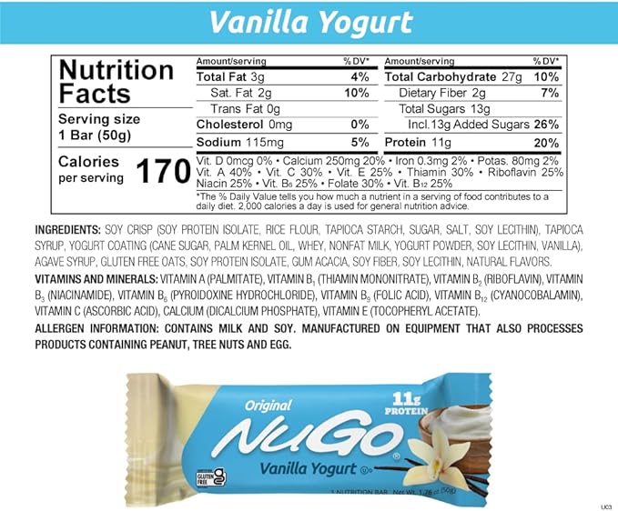 NuGo Original Variety, Vanilla Yogurt 15 bars & Chocolate 15 bars, 11g Protein, Gluten Free, 30 Count