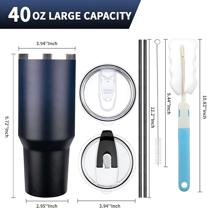 40 oz Tumbler with Lids and Straws, Stainless Steel Insulated Coffee Tumbler, Double Wall Vacuum Insulated Travel Mug Cup, Leakproof Thermal Coffee Cup for Hot and Cold Drinks (Indigo Black)