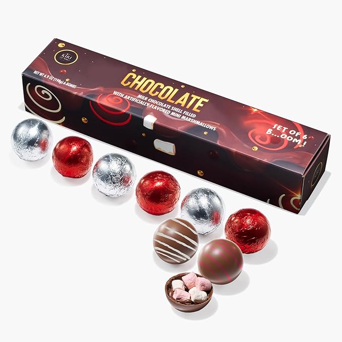 Kiri & Sons Hot Chocolate Bombs,Set of 6-2 Flavors White & Red Swirl Design Caramel & Fudge Brownie Candy Chocolates,Delicious Cocoa Melts Filled Marshmallows,Gift Melting Marshmallow Delicious Gifts