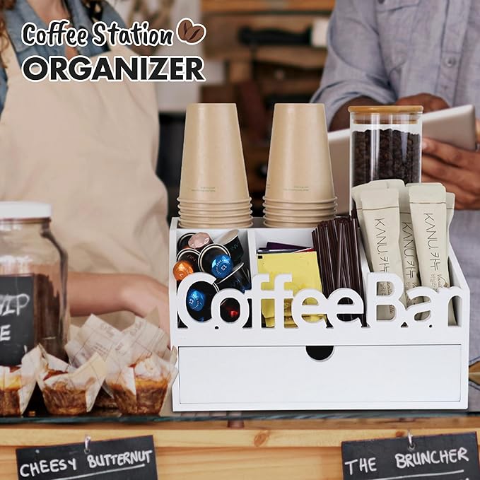 Coffee Bar Organizer for Countertop – Wooden Coffee Station with Black Drawer, Tea and K Cup Storage Rack, Coffee Pod Holder for Home and Office Counter Organization (Drawer - White)