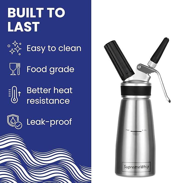 PRO Cream Dispenser, Durable High-Grip, Metal Lid with Rubber, 3 Nozzles, for Hot/Cold Use, Cleaning Brush Included, Silver - 250 ml/1 Pint