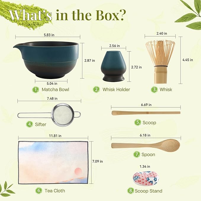 Matcha Whisk Set,includes Matcha Bowl,Matcha Whisk and Holder by Bamboo, Spout, Matcha Sifter Strainer Spoon Scoop Chasen Holder Towel- Perfect Japanese Matcha Set(8 Pcs Blue)