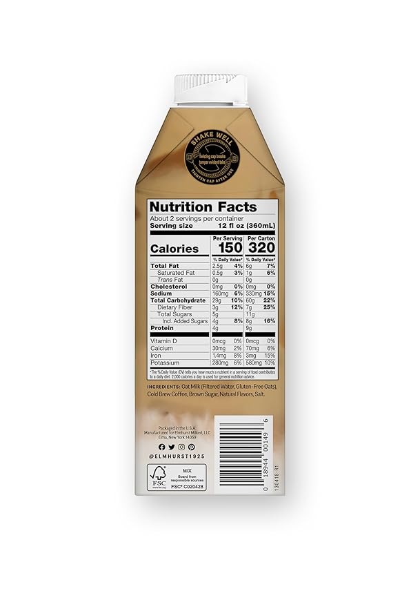 Elmhurst 1925 Brown Sugar Oat Milk Latte – Plant-Based, Vegan, Dairy-Free Latte Made of Whole Grain Oats, Cold Brew Premium Arabica with 95mg Caffeine & Real Brown Sugar – 25.4oz (Pack of 6)