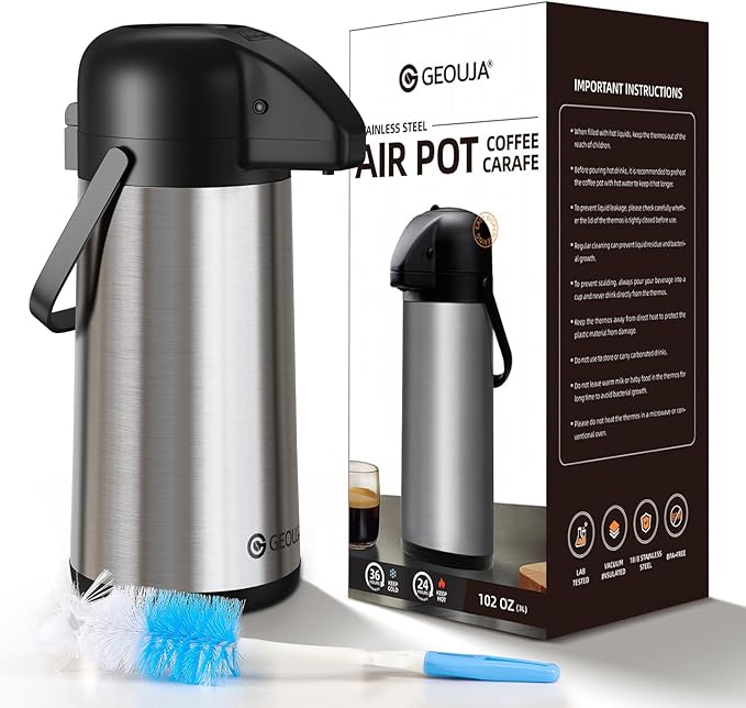 Airpot Coffee Carafe for Keeping Hot - 102 OZ/ 3L Large Coffee Dispenser with Pump - Insulated Stainless Steel Thermos Urn for Hot Drinks Water Tea Chocolate - Thermal Beverage Dispenser for Parties