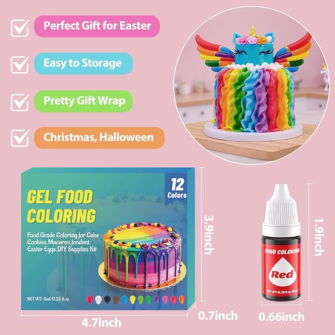12 Color Gel Food Coloring Liquid Set-KATSPRO Food Grade Tasteless Vibrant Kids Food Coloring Dye for Baking Icing Cake Decorating Cookie Fondant, Frosting, Cookies, Christmas Baking, Easter Egg and DIY Supplies Kit - 0.25 Fl.oz(6ml)/Bottles