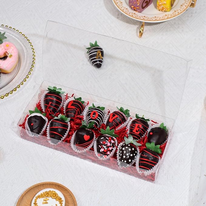 RomanticBaking 50PCS 12x5x2 Inches Clear Cookie Boxes Strawberry & Macaron Gift Boxes for Party Favors
