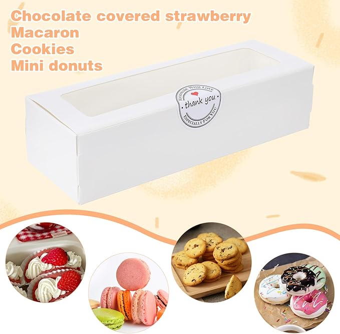 100 Pack White Macaron Boxes with Clear Window, Pastry Boxes with 100 Pcs Stickers, Packaging for 6-10 Macarons, Cookies, Truffles, Wedding DIY Gift Giving, 8x3x2 Inches