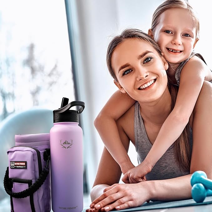 NATURE PIONEOR Insulated Water Bottles with Straw - 40oz Stainless Steel Vacuum Bottle with Holder/Carrier/Sleeve - Reusable 18/8 Food Grade 40 oz Water Jug
