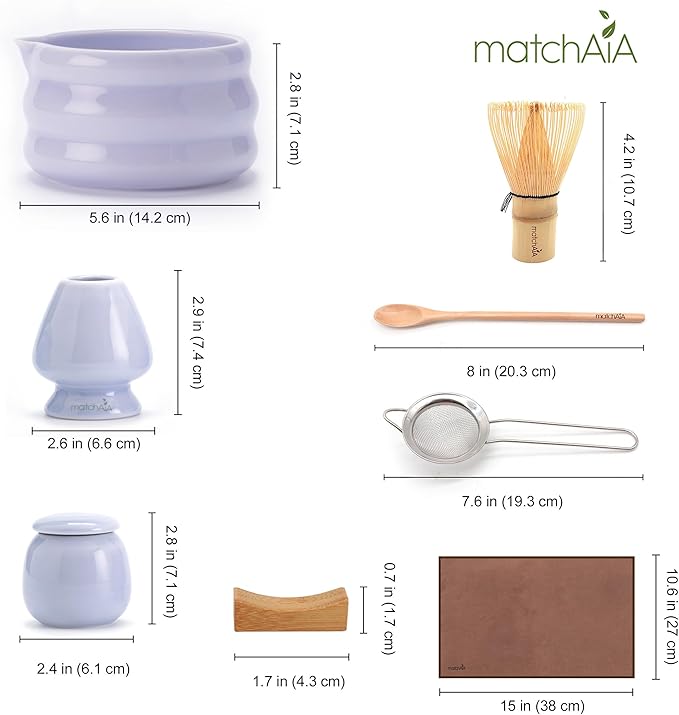 Matcha Whisk Set 8 Pcs - Ceramic Bowl, Bamboo Whisk with Holder, Canister, Sifter, Schima Spoon, Spoon Rest and Tea Towel, Complete Kit for Traditional Matcha and Modern Lattes (Purple)