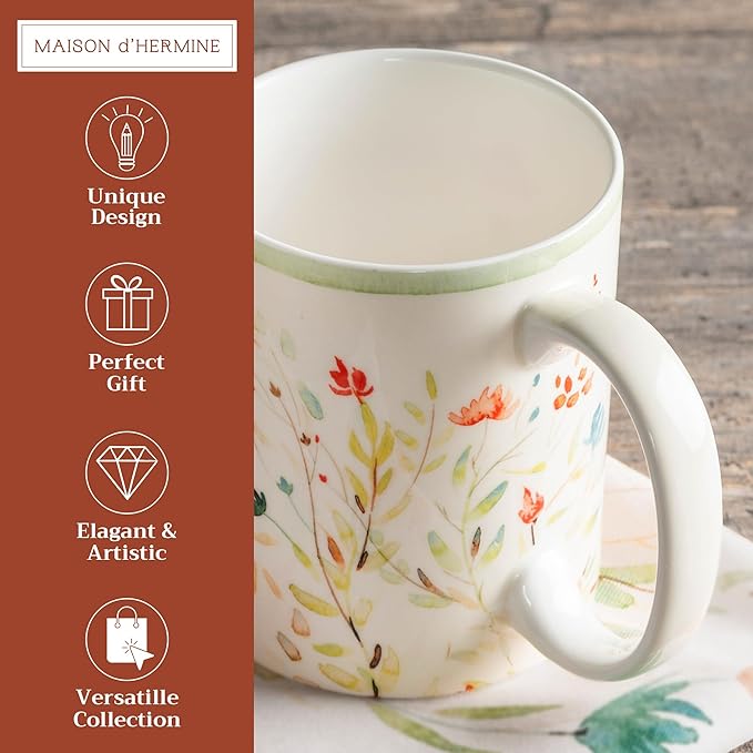 Maison d' Hermine Coffee Mug with Handles Fine Bone China Mugs Pack of One Tea Cups for Hot Beverages Cappuccino Latte Home Restaurant Office Perfect for Gift (Colmar - Green, 12 Ounce)