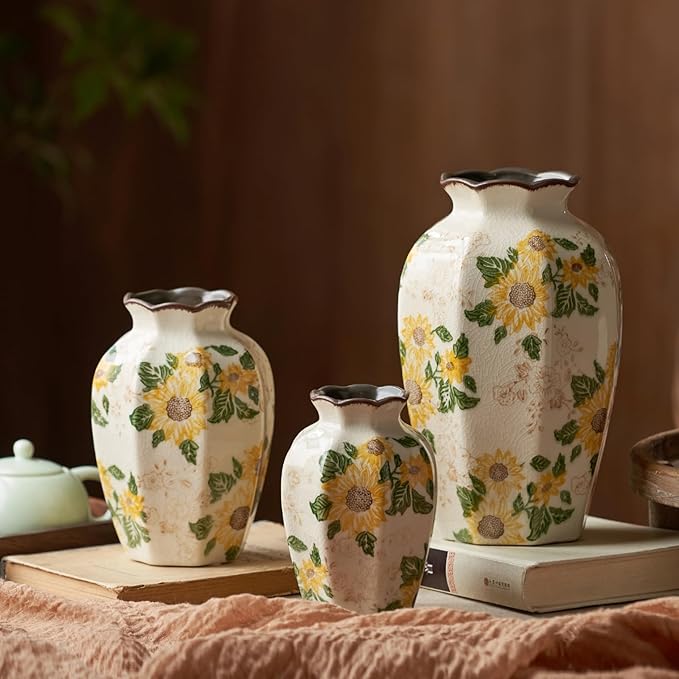 Vintage Pastoral Octagonal Vase, 9.3 Inch Ceramic Sunflower Flower Vases, Rustic Farmhouse Antique Chinoiserie Floral Vase for Wall Art Bedroom and Shelf Home Decor (Octagonal)