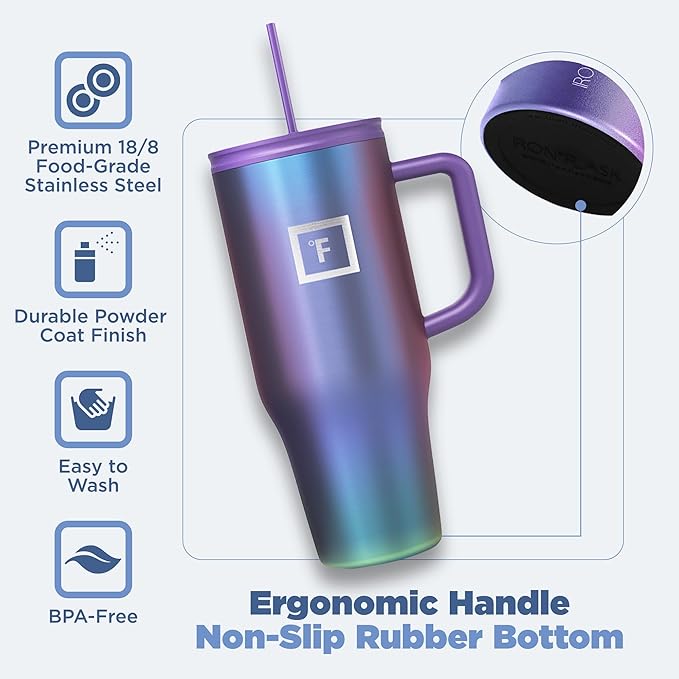 IRON °FLASK Co-Pilot Insulated Mug w/Straw & Flip Cap Lids - Cup Holder Bottle for Hot, Cold Drink - Leak-Proof - Water, Coffee Portable Travel Mug - Dark Rainbow, 32 Oz