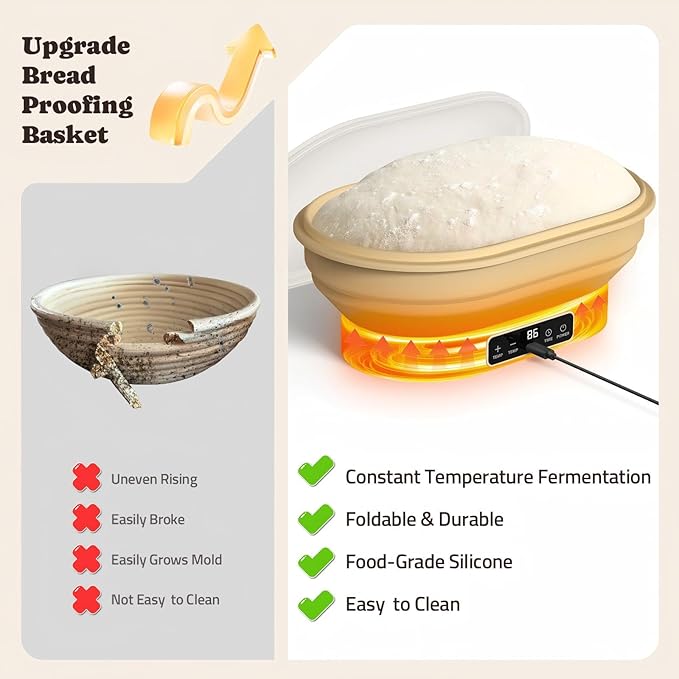 Heating Sourdough Bread Proofing Basket, 2L Electric Thermostatic Silicone Oval Banneton Proofing Bowl with 6 Timer & Temp Settings for Dough Rising, Dishwasher Safe, Foldable Sourdough Starter Bowl