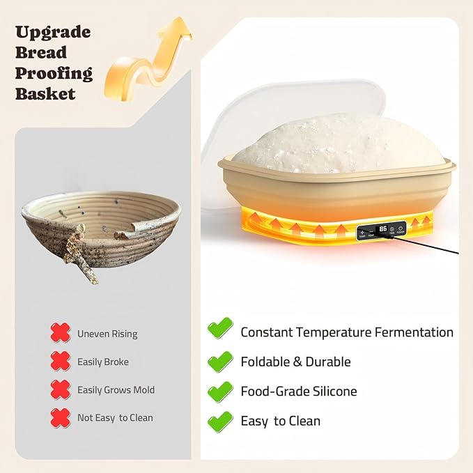 Heating Sourdough Starter Kit, 4L Electric Thermostatic Silicone Square Foldable Banneton Bread Proofing Basket with 6 Timer & Temp Settings for Dough Rising, Dishwasher Safe, Bread Making Kit