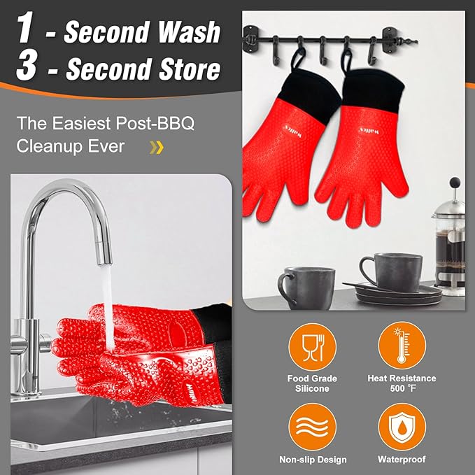 Walfos Silicone BBQ Gloves - Heat Resistant Grilling Gloves, Premium Non-Slip Kitchen Silicone Oven Mitt with Protective Cotton Layer Inside, Waterproof, Great for Grilling, Kitchen and Cooking, Red