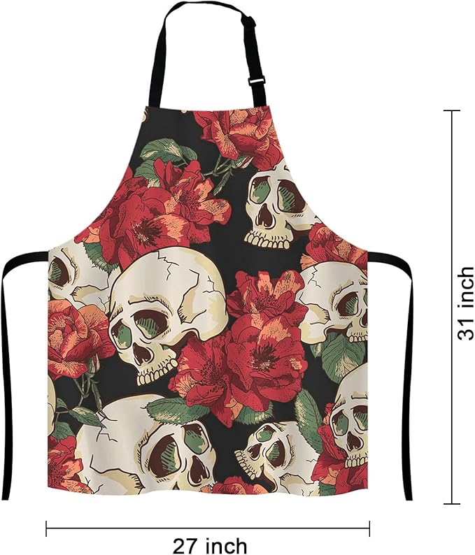 Skull Apron for Women and Men, Flowers Skull Adjustable Kitchen Chef Apron for Cooking Baking - Cute Birthday, Anniversary, Mother's Day Apron Presents for Mom Wife Girlfriend Aunt Grandma