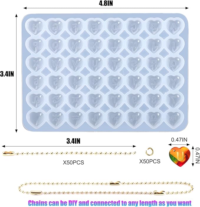 Juome Letter Resin Molds Silicone for Stanley Cup, 48 Pcs Heart Shape Letters Name Number Silicone Molds for Epoxy Resin Casting, DIY Personalized Custom Letter Charm Making for Stanley