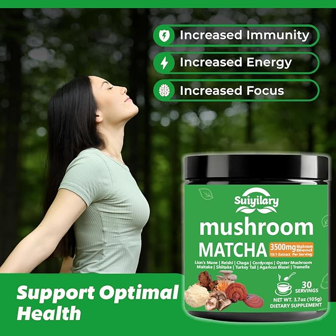 10 Mushroom Matcha Powder with Lion's Mane, Reishi, Mushroom Polysaccharides & More, 3500mg(10:1) Extract, Japanese Ceremonial Matcha for Focus, Energy, Immunity Boost, Memory - 30 Serving