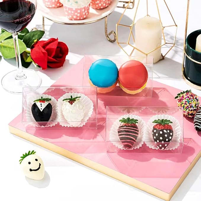 50 Pcs 4.5"x2.2"x2" Clear Chocolate Covered Strawberries Boxes for 2 Mini Cinnamon Roll Boxes for 4 Macaron Boxes for 4 Small Bakery Treat Box for Wedding Birthday Valentine Christmas Party
