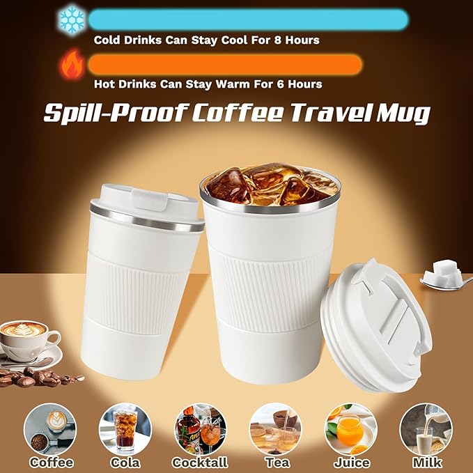 Vacuum-Insulated Stainless Steel Travel Coffee Mug, Leak-Proof Reusable Coffee Cup with Lid - Keep Hot & Cold Drinks for Hours, Durable Thermos Tumbler for Men & Women (3rd-White, 17OZ)