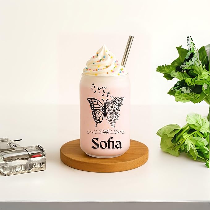 Mason Life Personalized Glass Cup with Name-Can Shaped Glass with Lids and Straws-18OZ Iced Coffee Cups (Initial)
