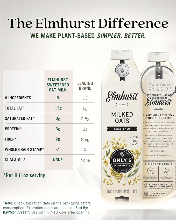 Elmhurst 1925 Sweetened Oat Milk - 32 Ounce (Pack of 6) Dairy-Free, Vegan, Kosher, Gluten-Free, Shelf Stable Plant Based Milk Made with Whole Grain Oats for Healthier Coffee, Latte & Smoothies