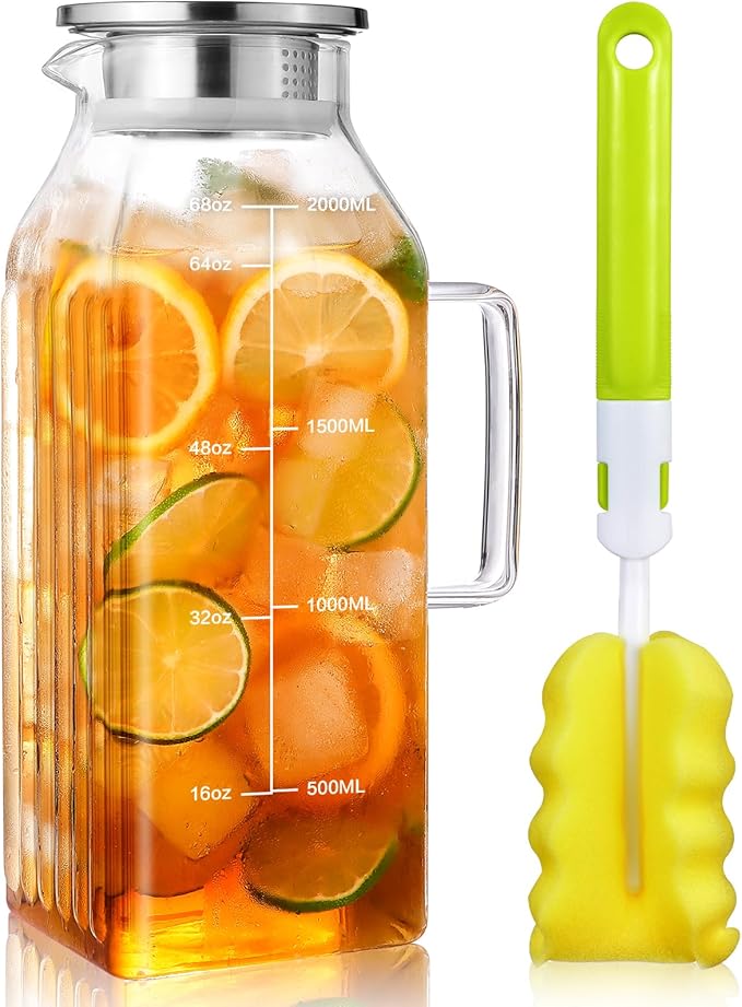 Aofmee 68oz Glass Pitcher for Bridge Door, 2 Liter Square Water Pitcher with Lid and Scale Line, Heat Resistant Tea Pitchers, Leak Proof Juice Jug, Borosilicate Glass Carafe for Hot/Cold Beverage