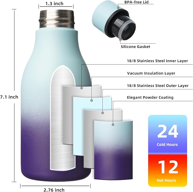 BJPKPK Insulated Water Bottles, 12oz Stainless Steel Metal Water Bottle with Strap, BPA Free Leak Proof Thermos, Mugs, Flasks, Reusable Water Bottle for Sports & Travel, Ocean Dream