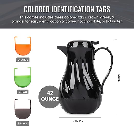 OCS Parts Easy Pour Thermal Coffee Carafe | 10-Inch Insulated Hot and Cold Beverage Pitcher Server for Coffee, Tea, Hot Chocolate and Water with Colored Tags for Easy Idenfication | 42-Ounce | Black