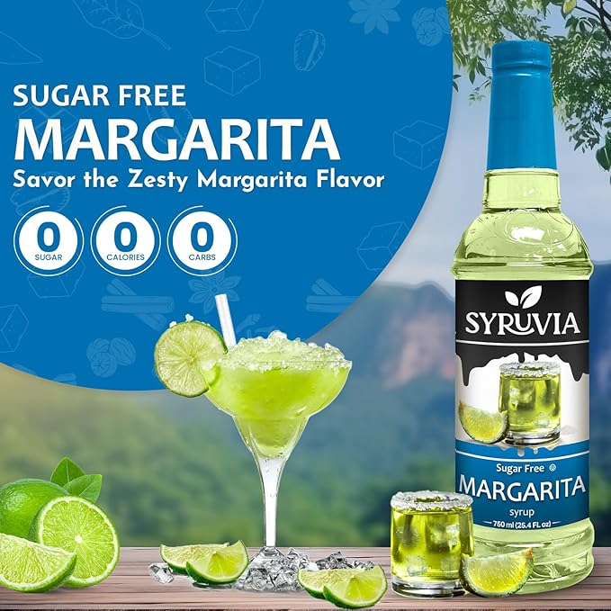 Syruvia Sugar Free Margarita Syrup, Flavored Syrup for Cocktails, Drinks, Lemonades, Iced Teas, and Desserts – 25.4 fl oz, With Pump