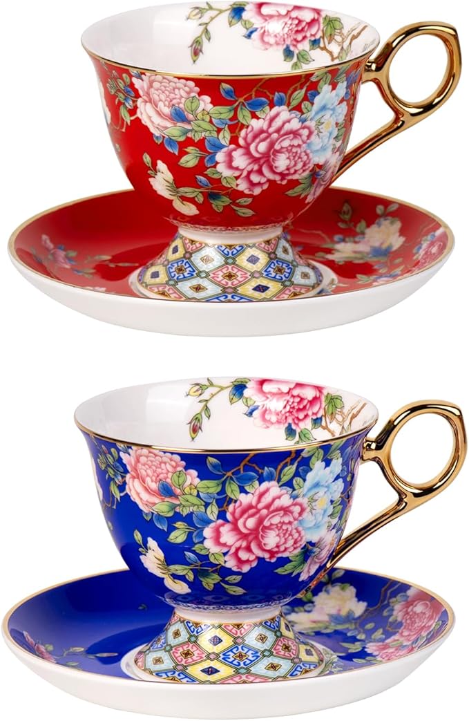 KAMMAK Tea Cups and Saucers Set of 2, Porcelain Coffee Cup with Saucer for Espresso, Cappuccino, 9.8oz Vintage Yellow Floral Ceramic Demitasse Mug for Home, Tea Party, Office
