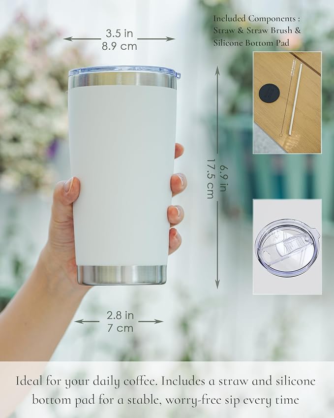 Travel Coffee Tumbler 20oz, 12 Pack Leakproof Travel Coffee Mug with Lid and Straw, Stainless Steel Double Wall Vacuum Insulated Tumbler for Hot/Iced Drinks (Textured Matte, White)