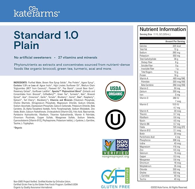 KATE FARMS Organic 1.0 Sole-Source Nutrition Shake, Plain, 16g Protein, 27 Vitamins and Minerals, Meal Replacement, Protein Shake, 11 oz (12 Pack)