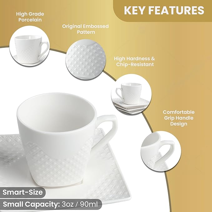 Espresso Cups With Saucer 3oz/90ml, Turkish Coffee Cup Set, White Espresso Cups Set of 6 Italian Style, Demitasse Espresso Cup Set, Modern Espresso Coffee Cups, Tasas de Cafe Expreso Modernas