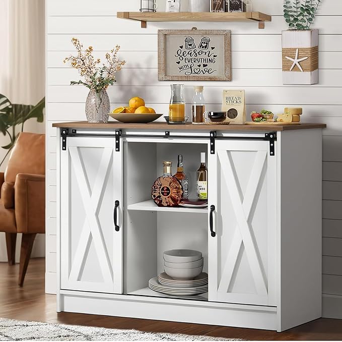 4 EVER WINNER Coffee Bar Cabinet with Sliding Barn Doors, 42”Farmhouse Buffet Cabinet with Storage for Kitchen, Coffee Bar with Adjustable Shelf for Dining Room, White